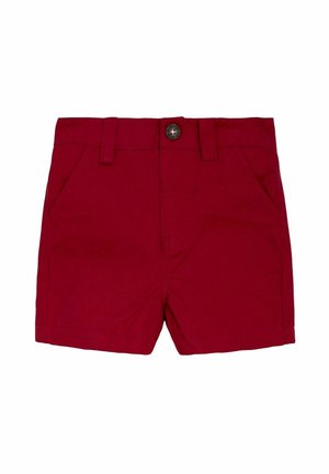 Rote Baumwoll-Shorts mit Knopfverschluss, Gürtelschlaufen und zwei Vordertaschen. Kurze Länge und glatte Textur.