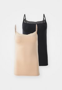 To camisoler: en beige med blondebesetning langs utringningen, og en ensfarget svart. Begge har justerbare stropper og en tettsittende design.