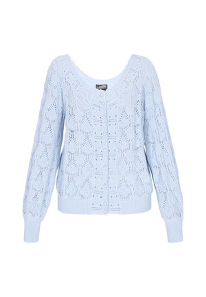 Világoskék kötött kardigán, texturált, nyitott mintázattal, hosszú ujjakkal, V-nyakkivágással és elöl apró fehér gombos zárással.
