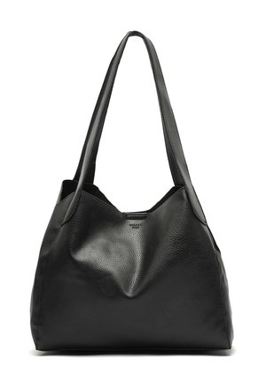 Černá texturovaná kožená kabelka přes rameno s dlouhými popruhy a jemným logem značky na předním středu.