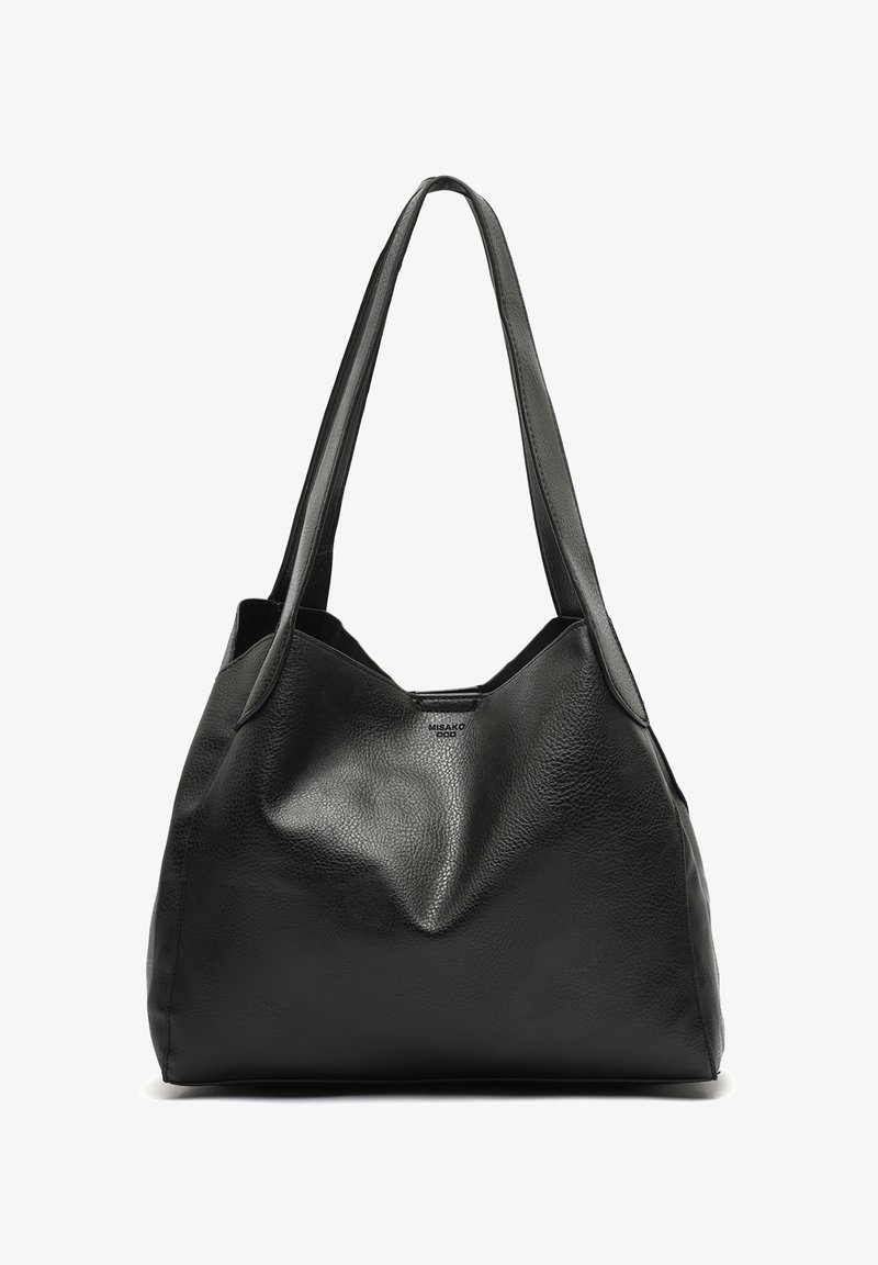 Black textured leather shoulder bag with long straps and a subtle brand logo on the front center.