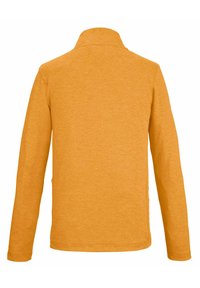 Langärmliges Hemd aus leuchtend gelb-orangefarbigem Stoff. Verfügt über einen Stehkragen und eine glatte Textur. Das Design ist einfach, ohne sichtbare Muster oder Akzente.