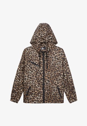 Leoprint-Kapuzenjacke aus leichtem Stoff, mit Reißverschluss vorne, zwei Seitentaschen und einer zusätzlichen Reißverschlusstasche auf der Brust.