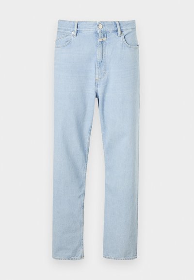 Light blue, straight-leg jeans made of denim, featuring a button and zip fly, five pockets, and subtle fading on the fabric.