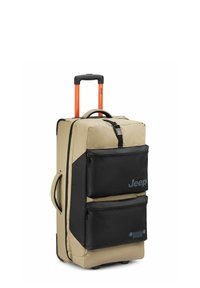 Valigia rigida in beige e nero con manico telescopico arancione. Presenta due tasche anteriori con zip e logo Jeep. Materiale testurizzato.