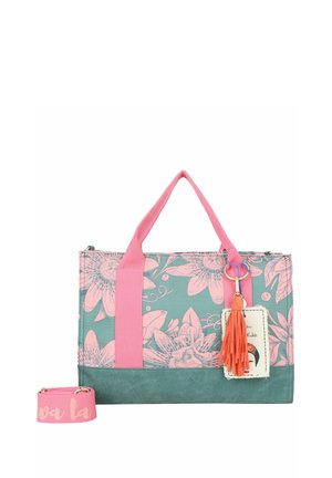 Borsa a tracolla rettangolare floreale in turchese e rosa con manici rosa, tracolla staccabile e portachiavi con nappina arancione e piccola targhetta illustrata.