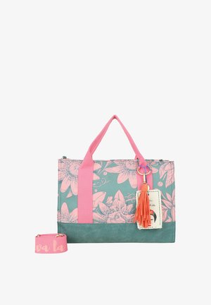 Borsa a tracolla rettangolare floreale in turchese e rosa con manici rosa, tracolla staccabile e portachiavi con nappina arancione e piccola targhetta illustrata.