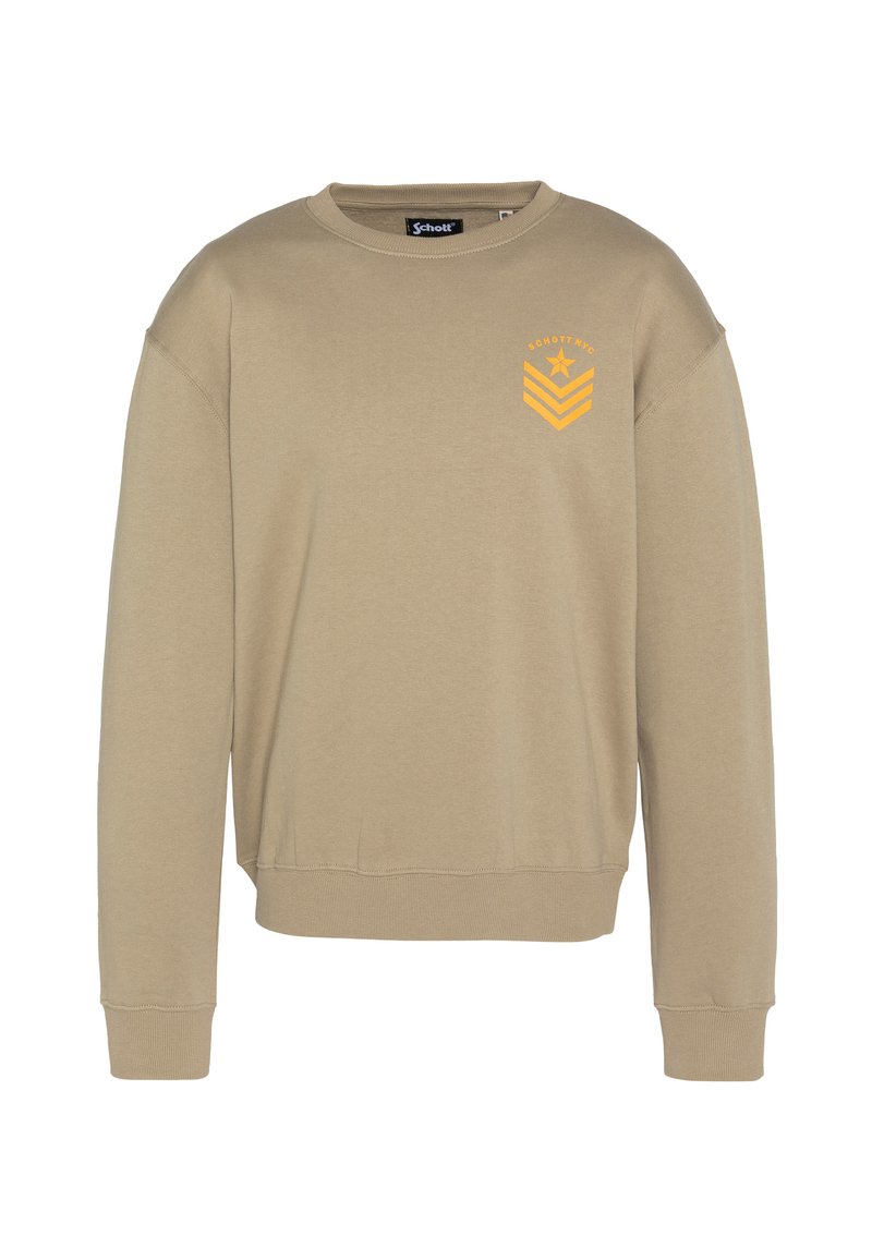 Beżowa bluza z okrągłym dekoltem, prążkowanymi ściągaczami na rękawach i u dołu. Na piersi widnieje pomarańczowa gwiazda oraz wzór w kształcie szewronu. Wykonana z miękkiego, casualowego materiału.