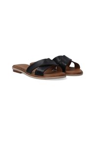 Black leather slide sandals with crossed straps, brown sole, open-toe design, and a flat heel. Smooth texture with minimal accents.