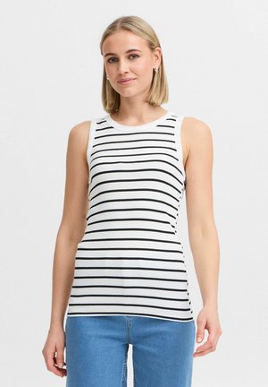 White tank top with black horizontal stripes, ribbed texture, round neckline, and sleeveless design paired with light blue jeans.