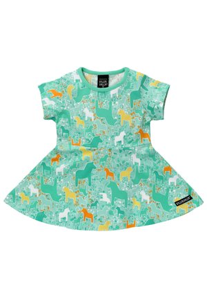 Baumwollkleid mit kurzen Ärmeln, das einen türkisfarbenen Hintergrund und ein Muster von bunten Hunden in Orange-, Weiß- und Grüntönen aufweist.
