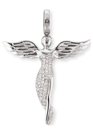 Sølv englevedhæng med detaljerede vinger, prydet med klare rhinsten på kroppen, og med en løkke til fastgørelse på toppen.