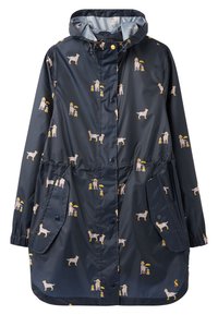 Mörkblå vattentät regnjacka med ett mönster av hundar och barn i gult och rosa. Inkluderar huva, dragsko i midjan och framfickor.