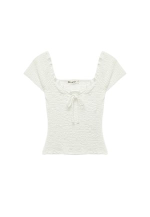 Weißes, strukturiertes Crop-Top mit kurzen Ärmeln, quadratischem Ausschnitt und vorderer Bindeverzierung aus leichtem Stoff.