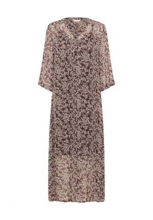 Long, sheer dress featuring a deep V-neckline, 3/4 sleeves, in a burgundy color with floral pattern in off-white. Soft texture and flowy design.