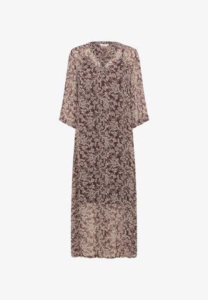 Dolga, prozorna obleka z globokim V-izrezom, 3/4 rokavi, v burgundski barvi s cvetličnim vzorcem v off-white. Mehka tekstura in tekoč dizajn.