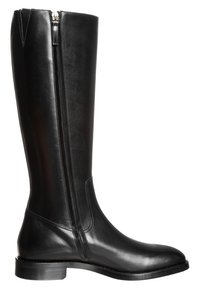 Bota de cuero negro hasta la rodilla con un acabado liso, que cuenta con una cremallera lateral y una suela plana, diseñada para facilitar su uso.