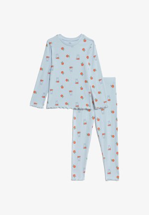 Haut de pyjama à manches longues bleu clair et leggings assortis, ornés d'un motif de petits lapins et d'oranges, fabriqués en tissu ribbed doux.