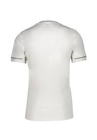 Witte t-shirt met korte mouwen en een v-hals, heeft dunne zwarte accenten op de mouwen en de kraag. Soepele textuur, aansluitend ontwerp. Achteraanzicht.
