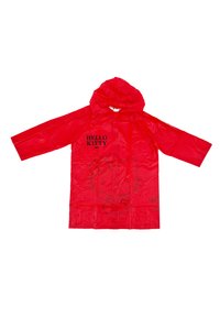 Red children's raincoat with hood featuring black "Hello Kitty" text and a faint outline of Hello Kitty's face on front.