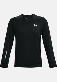 Schwarzer Langarm-Sweatshirt mit Rundhalsausschnitt. Verfügt über ein kleines weißes Logo auf der Brust und Text auf dem linken Ärmel. Hergestellt aus glattem Material.