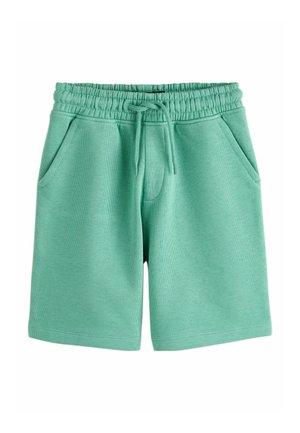 Minzgrüne Shorts aus weichem Stoff, mit elastischem Bund und Kordelzug, zwei Seitentaschen und glatter Textur.