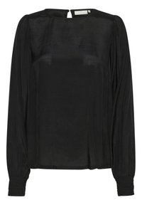 Black long-sleeve blouse made of silky material, featuring a round neckline and gathered cuffs, with a keyhole closure at the back.