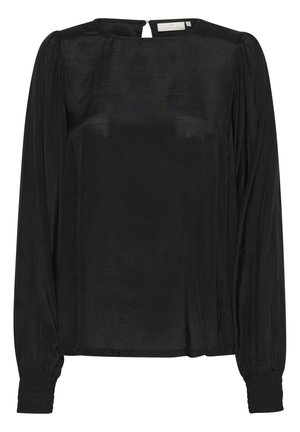 Melnas garas piedurknes blūze, izgatavota no zīda materiāla, ar apaļu kakla izgriezumu un salocītām aprocēm, ar atvēršanu aizmugurē.