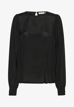 Sort langærmet bluse lavet af silkeagtigt materiale, med rund halsudskæring og samlede manchetter, samt en nøglehulslukning på ryggen.