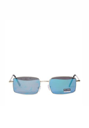 Occhiali da sole rettangolari con tinta blu, montatura sottile in metallo dorato e terminali neri delle aste, etichettati con UV400 e protezione UV al 100%.