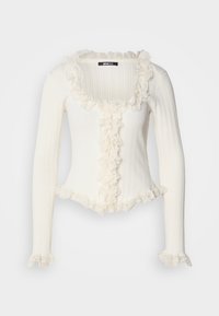 Λευκό ριμπ πλεκτό πουλόβερ με μακριά μανίκια και τετράγωνο ντεκολτέ, διακοσμημένο με βολάν και δαντέλα στα περιθώρια και στην μπροστινή πλευρά.