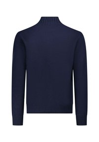 Maglione a maglia blu navy con collo alto e bordi a coste su colletto e polsini. Design slanciato e aderente con maniche lunghe.