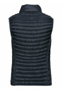 Gevoerde zwarte vest met een hoge kraag, voorzien van een gewatteerde textuur, zijritsen en een klein logo-label aan de achterkant.