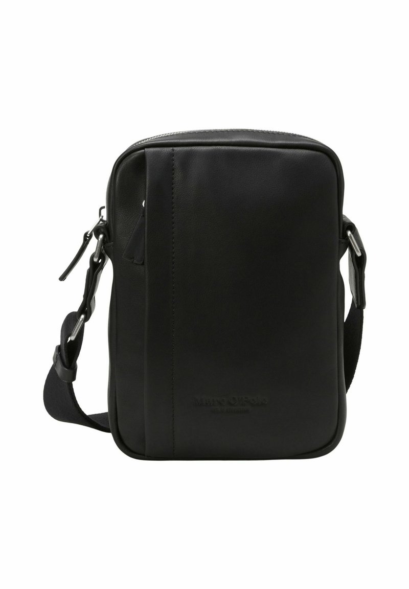 Sac en cuir noir en bandoulière de forme rectangulaire, avec une sangle ajustable, une fermeture éclair et un logo embossé à l'avant.