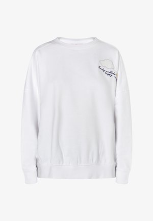 Fehér pulcsi kerek nyakkivágással, hosszú ujjakkal és bordázott mandzsettákkal. Az elején hímzett felhő és szöveg dizájn található. Puha tapintású.