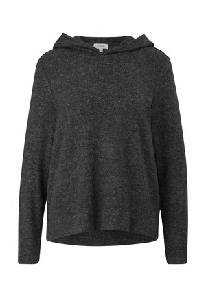 Dark gray hoodie made from a soft, textured fabric. Features a front pocket, long sleeves, and a classic, relaxed fit with a slight drop hem.