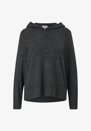 Donkergrijze hoodie gemaakt van een zachte, textuurstof. Beschikt over een voorzak, lange mouwen en een klassieke, losse pasvorm met een lichte verlengde zoom.