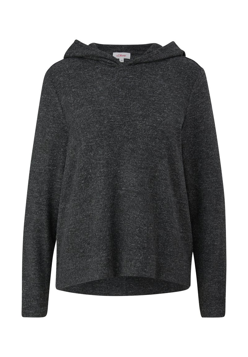 Dunkelgrauer Hoodie aus einem weichen, strukturierten Stoff. Verfügt über eine frontale Tasche, lange Ärmel und einen klassischen, lässigen Schnitt mit einem leichten abgerundeten Saum.