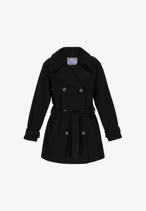 Čierny vlnený trenčkot s dvojitým gombíkom, veľkými chlopňami, opaskom na viazanie v páse a gombíkovými manžetami. Hladká textúra bez viditeľných vzorov.