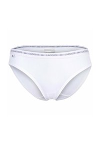 Białe bawełniane majtki bikini z miękkim elastycznym pasem w talii, zdobione szarym logo Lacoste. Gładka tekstura i dopasowany krój zapewniają komfort.
