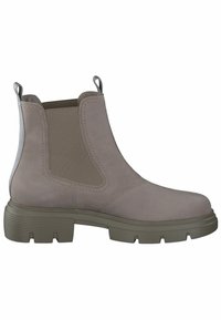 Bottine Chelsea en daim gris clair avec panneaux latéraux élastiques, languettes de traction et semelle épaisse en caoutchouc cranté pour adhérence et durabilité.