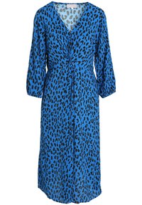 Vestido azul con estampado de leopardo, con escote en V, mangas largas, detalle de cintura fruncida y una silueta fluida. Fabricado con tejido ligero.