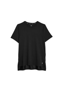 Camiseta negra de manga corta hecha de una tela suave. Presenta un escote redondo y una sutil abertura lateral con un dobladillo redondeado en la parte posterior.