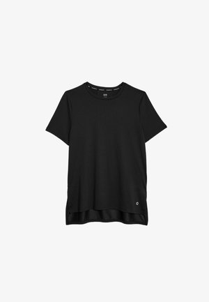 T-shirt nero a maniche corte realizzato in tessuto morbido. Presenta un collo rotondo e una leggera fessura laterale con un orlo arrotondato sul retro.