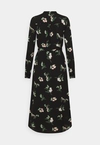 Zwarte jurk met lange mouwen met een bloemenpatroon in roze en groen. Inclusief een kraag en een ceintuur voor een getailleerde silhout. 