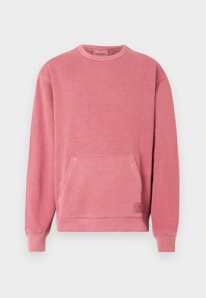Pink sweatshirt with a crew neckline, long sleeves, front pocket, and ribbed cuffs and hem. Features a small logo patch.