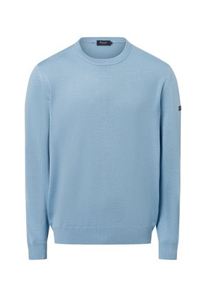 Hellblauer Pullover mit Rundhalsausschnitt und langen Ärmeln, Bündchen und Saum gerippt, auf weißem Hintergrund präsentiert.