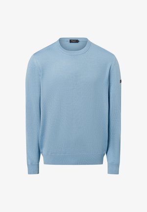 Hellblauer Pullover mit Rundhalsausschnitt und langen Ärmeln, Bündchen und Saum gerippt, auf weißem Hintergrund präsentiert.