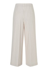 Beige Weite-Leg-Hosen mit dünnen vertikalen schwarzen Streifen, mit einem Reißverschluss auf der Rückseite und einer glatten, leichten Stofftextur.