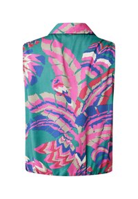 Chemisier sans manches en tissu bleu sarcelle avec un motif audacieux de feuilles tropicales roses et violettes, doté d'un col pointu et d'une coupe décontractée.